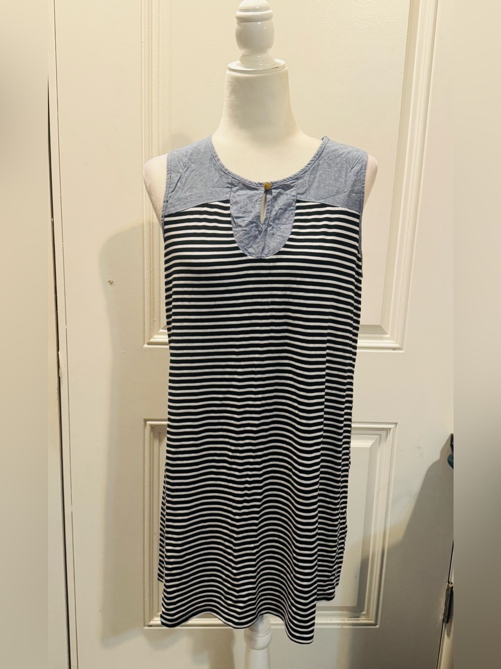 Elie McCarthy Navy Blue White Striped Henley Dress Tank Tunic LP Large Petite